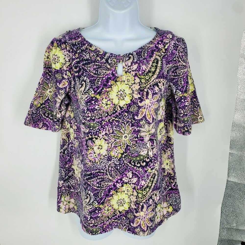 Christopher & Banks M Purple Floral Paisley Keyhole Knit Top 3/4 Sleeve Shirt